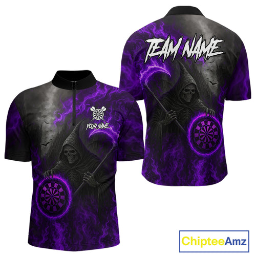 Custom Purple Flaming Dartboard Grim Reaper Dart Men 1/4-Zip Shirt Dart Team Jerseys NYN1639