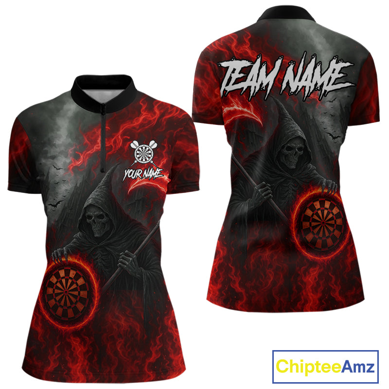 Custom Red Flaming Dartboard Grim Reaper Dart Women 1/4-Zip Shirt Dart Team Jerseys NYN1640