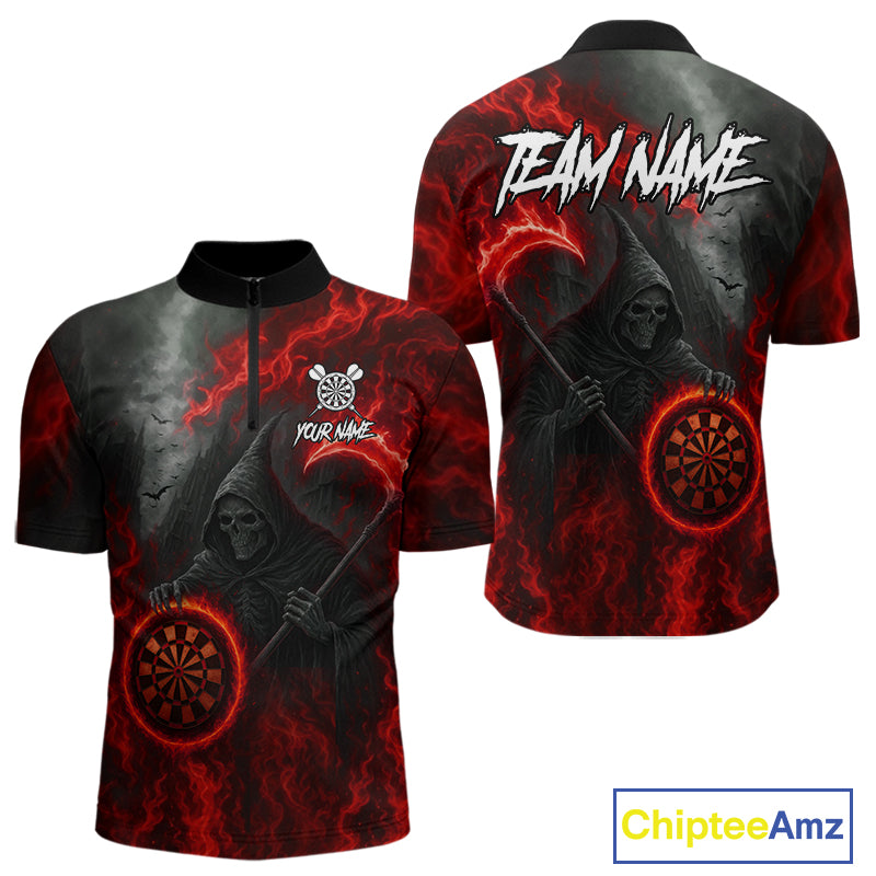Custom Red Flaming Dartboard Grim Reaper Dart Men 1/4-Zip Shirt Dart Team Jerseys NYN1640