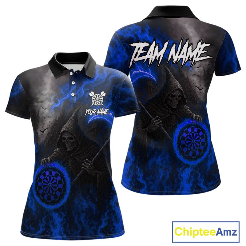 Custom Blue Flaming Dartboard Grim Reaper Dart Women Polo Shirt Dart Team Jerseys NYN1641