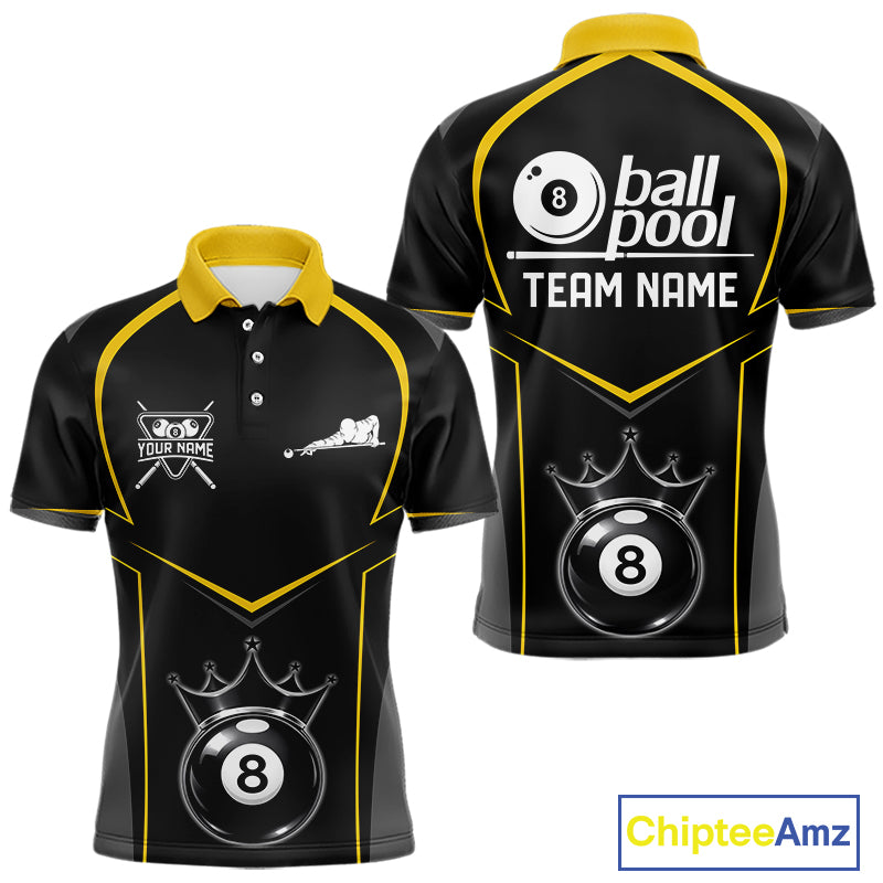 Black 8 Ball Crown Pool Men Polo & 1/4-Zip Team Shirts Custom Billiards Ball & Cue Attire|Yellow NYN2459