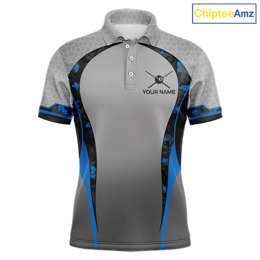 Camo 8 Ball Pool Billiard Polo & 1/4-Zip Shirt For Men Custom Blue And Grey Billiard Team Attire NYN3048