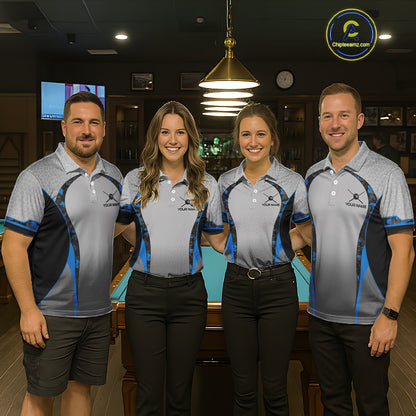 Camo 8 Ball Pool Billiard Polo & 1/4-Zip Shirt For Men Custom Blue And Grey Billiard Team Attire NYN3048