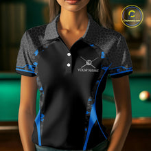 Load image into Gallery viewer, Camo 8 Ball Pool Billiard Polo &amp; 1/4-Zip Shirt For Women Custom Blue And Black Billiard Team Attire NYN3049