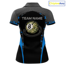 Load image into Gallery viewer, Camo 8 Ball Pool Billiard Polo &amp; 1/4-Zip Shirt For Women Custom Blue And Black Billiard Team Attire NYN3049