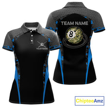 Load image into Gallery viewer, Camo 8 Ball Pool Billiard Polo &amp; 1/4-Zip Shirt For Women Custom Blue And Black Billiard Team Attire NYN3049