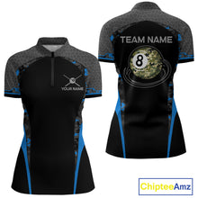 Load image into Gallery viewer, Camo 8 Ball Pool Billiard Polo &amp; 1/4-Zip Shirt For Women Custom Blue And Black Billiard Team Attire NYN3049
