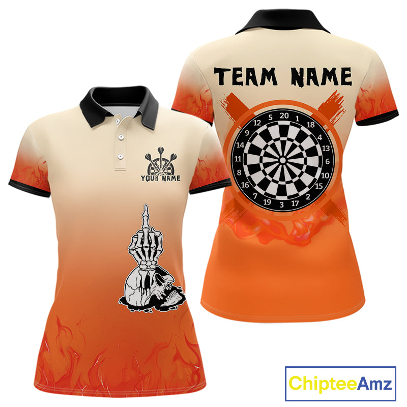 Women's Custom Dart Shirt With Skeleton Middle Finger Skull And Fiery Orange NYN0257