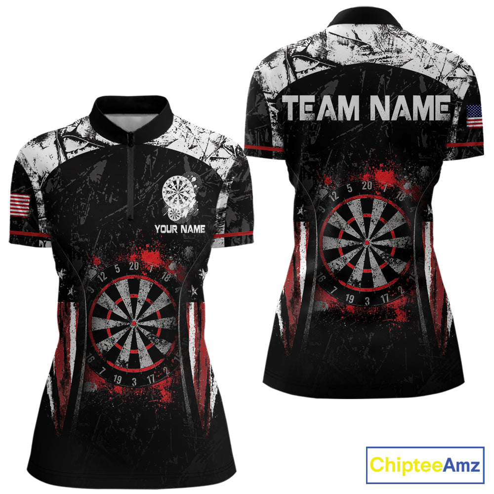 Black, White And Red Splatter Dartboard Women Dart Shirt Custom Grunge US Flag Dart Team Attire NYN3212