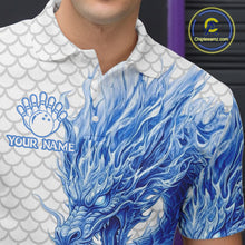 Load image into Gallery viewer, Male model wearing white blue dragon bowling polo shirt custom bowling team jersey for league bowlers
