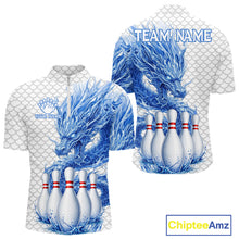 Load image into Gallery viewer, Men's white blue dragon bowling quarter zip shirt mockup custom bowling team jersey dragon bowling apparel