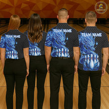 Load image into Gallery viewer, Bowling team wearing black blue dragon bowling polo shirts custom team jerseys for league and tournament bowlers