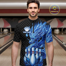 Load image into Gallery viewer, Male model wearing black blue dragon bowling polo shirt custom bowling team jersey for league bowlers