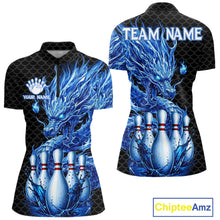 Load image into Gallery viewer, Women's black blue dragon bowling quarter zip shirt mockup custom bowling team jersey dragon bowling apparel