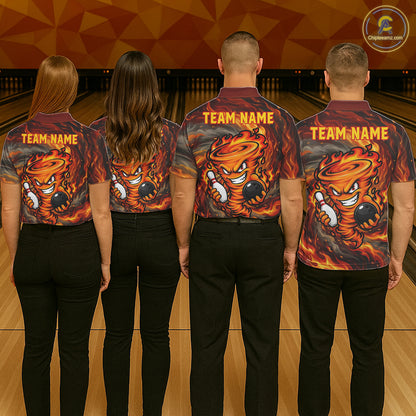 Bowling team wearing red storm fire flame bowling shirts custom bowling team jerseys for tournaments