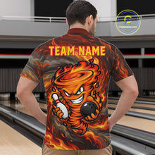 Load image into Gallery viewer, Male model wearing red storm fire flame bowling polo shirt custom bowling team jersey for league bowlers