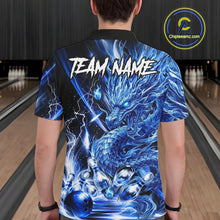 Load image into Gallery viewer, Male model wearing thunder lightning blue dragon bowling polo shirt custom bowling team jersey