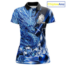 Load image into Gallery viewer, Women's thunder lightning blue dragon bowling polo shirt mockup custom bowling team jersey