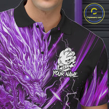 Load image into Gallery viewer, Male model wearing thunder lightning purple dragon bowling polo shirt custom bowling team jersey