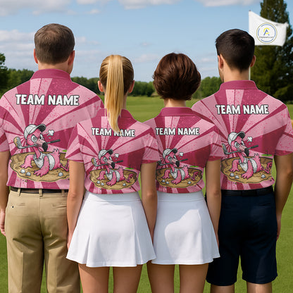 Golf team wearing matching flamingo golf polos during club championship, personalized golf uniforms for tournaments, charity golf events and corporate golf outings.