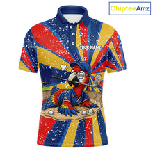 Load image into Gallery viewer, Men's golf polo mockup with colorful tropical parrot artwork, personalized performance golf shirt for golf tournaments, golf teams and country club events. Appeals to nature lovers, exotic bird fans and tropical lifestyle followers.