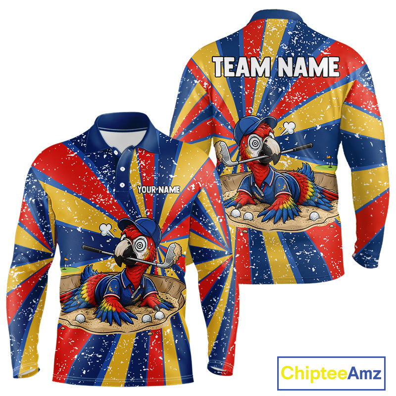 Men's golf polo mockup with colorful tropical parrot artwork, personalized performance golf shirt for golf tournaments, golf teams and country club events. Appeals to nature lovers, exotic bird fans and tropical lifestyle followers.