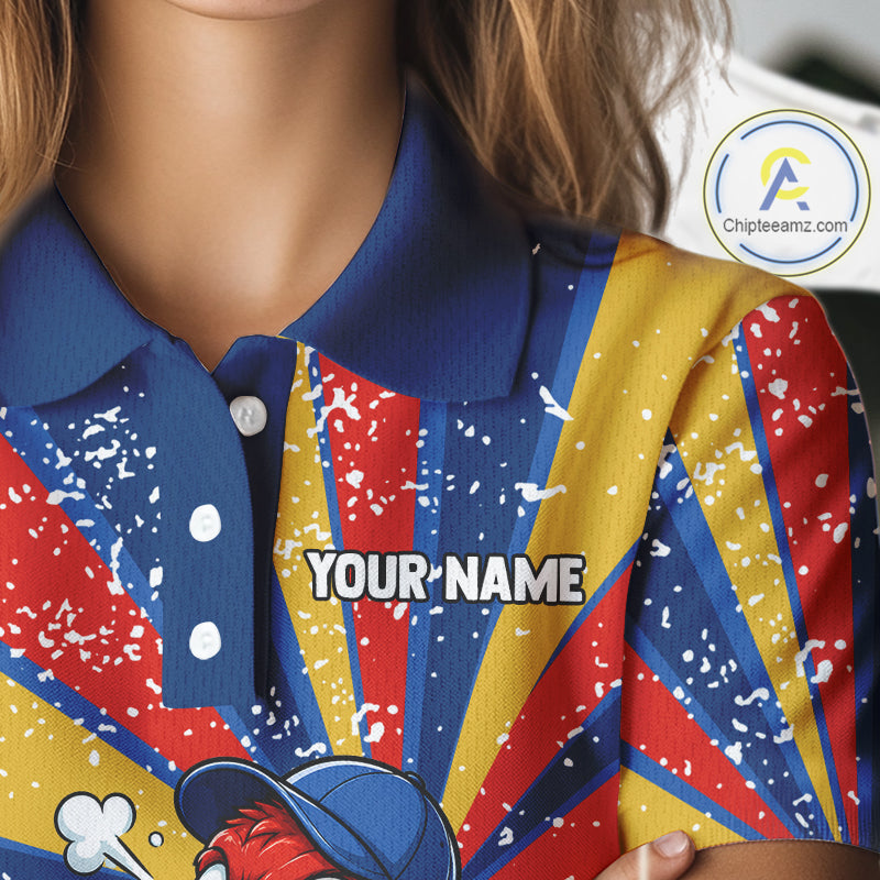 Female golfer wearing colorful parrot golf polo during golf league play, premium breathable golf apparel for tropical fashion lovers, bird enthusiasts and vacation travelers.