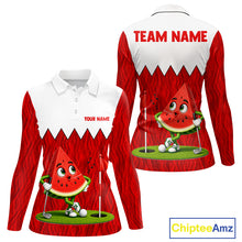 Load image into Gallery viewer, Women's golf polo mockup featuring playful watermelon graphics, personalized golf tournament apparel for ladies golf leagues, summer golf trips and golf clubs.