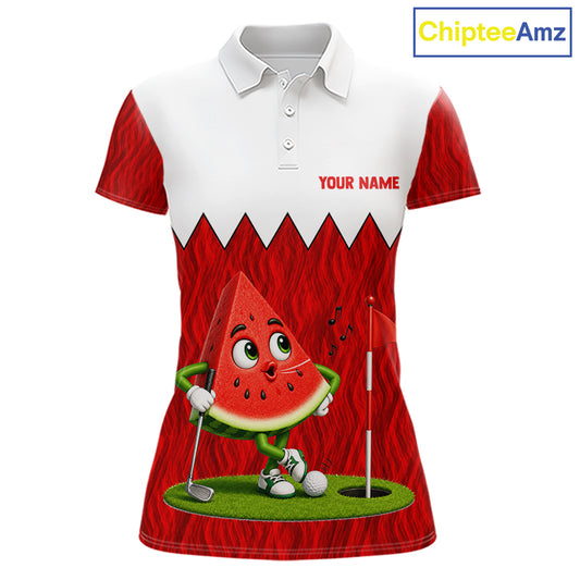Women's golf polo mockup featuring playful watermelon graphics, personalized golf tournament apparel for ladies golf leagues, summer golf trips and golf clubs.