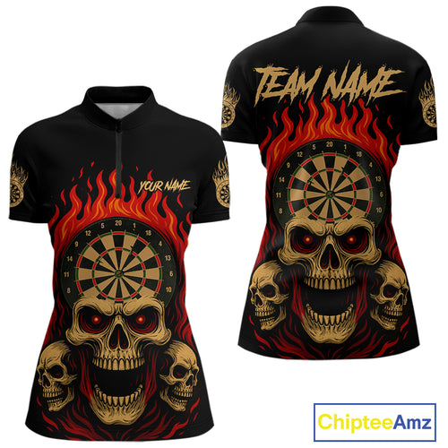 Custom Grunge Horror Skull Fire Flame Dartboard Dart Quarter-Zip Jerseys For Women Dart Gifts NYN1648