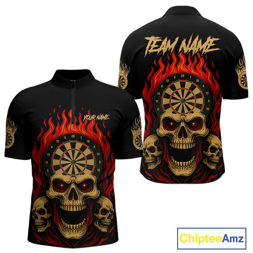 Custom Grunge Horror Skull Fire Flame Dartboard Dart Quarter-Zip Jerseys For Men Dart Gifts NYN1648
