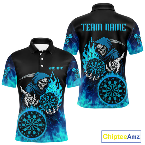 Custom Blue Flames Dartboard Horror Grim Reaper Dart Men Polo Jerseys Outfits Dart Shirt NYN1658