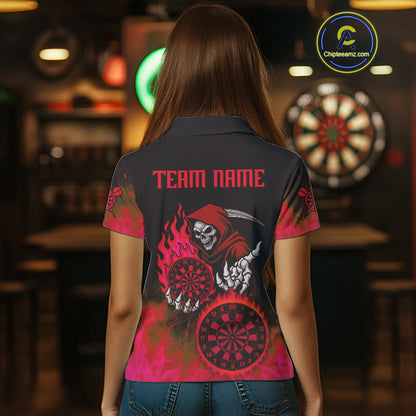 Custom Red Flames Dartboard Horror Grim Reaper Dart Women Polo Jerseys Outfits Dart Shirt NYN1659