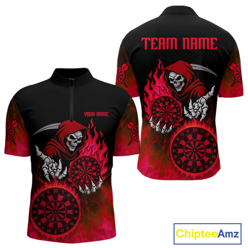 Custom Red Flames Dartboard Horror Grim Reaper Dart Men Quarter-Zip Jerseys Outfits Dart Shirt NYN1659
