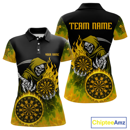 Custom Yellow Flames Dartboard Horror Grim Reaper Dart Women Polo Jerseys Outfits Dart Shirt NYN1660