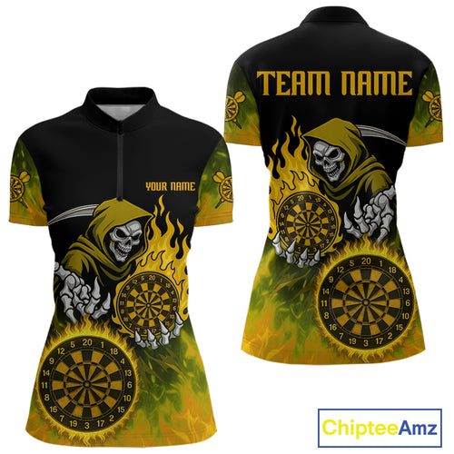 Custom Yellow Flames Dartboard Horror Grim Reaper Dart Women Quarter-Zip Jerseys Outfits Dart Shirt NYN1660