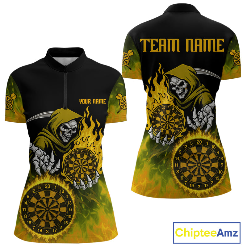 Custom Yellow Flames Dartboard Horror Grim Reaper Dart Women Quarter-Zip Jerseys Outfits Dart Shirt NYN1660