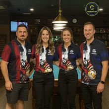 Load image into Gallery viewer, Skull Hoding 9 Ball &amp; 8 Ball Pool Women Billiard Team Shirt Custom Blue &amp; Red Billiards Ball Apparel NYN2468