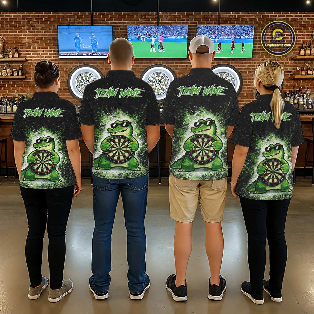 White And Green Funny Crocodile Hold Dartboard Dart Polo Shirts For Men Custom Dart Team Shirts NYN2675