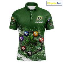 Load image into Gallery viewer, White Green Grunge Shamrock 8 Ball Men Billiards Shirt Personalized St Patrick's Day Pool Balls Shirt NYN2678