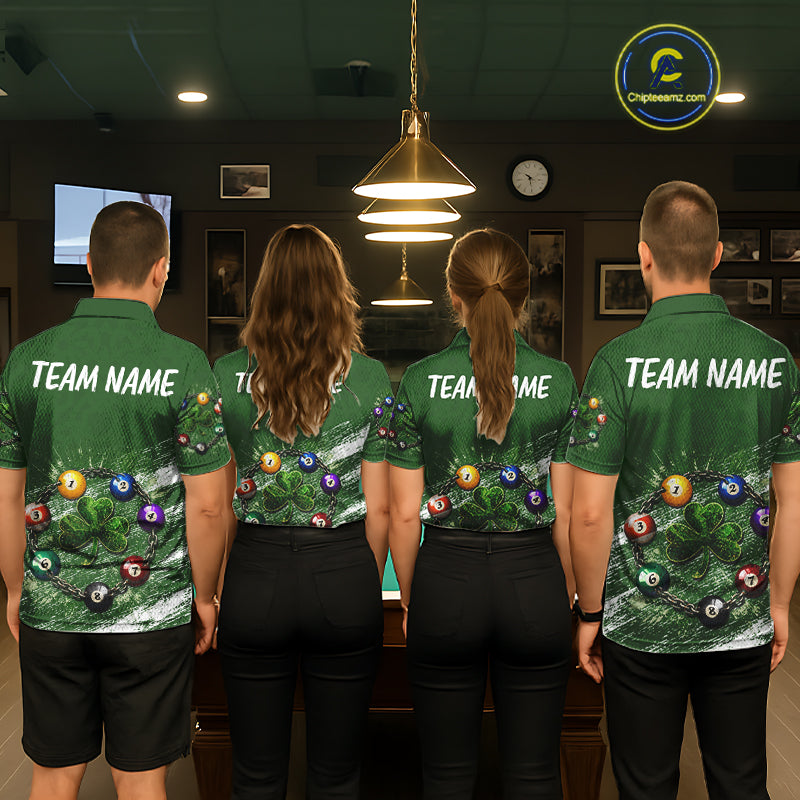 White Green Grunge Shamrock 8 Ball Women Billiards Shirt Personalized St Patrick's Day Pool Balls Shirt NYN2678