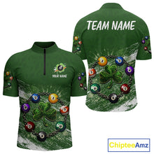 Load image into Gallery viewer, White Green Grunge Shamrock 8 Ball Men Billiards Shirt Personalized St Patrick's Day Pool Balls Shirt NYN2678