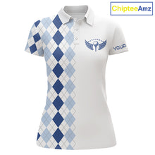 Load image into Gallery viewer, Womens Blue Argyle Pattern Golf Shirts Argyle Golf Clothing Custom Blue Golf Polo, Best Golf Gifts NYN3051