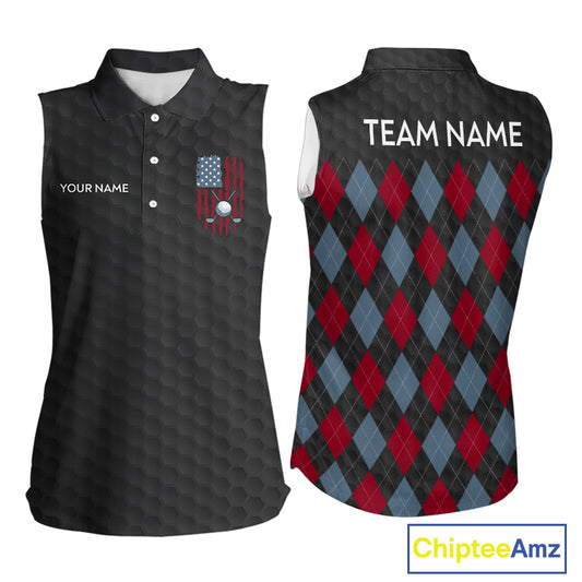 Womens American Flag Golf Shirts Patriotic Golf Jersey Custom Black Ball Golf Sleeveless Polo Jerseys NYN3053