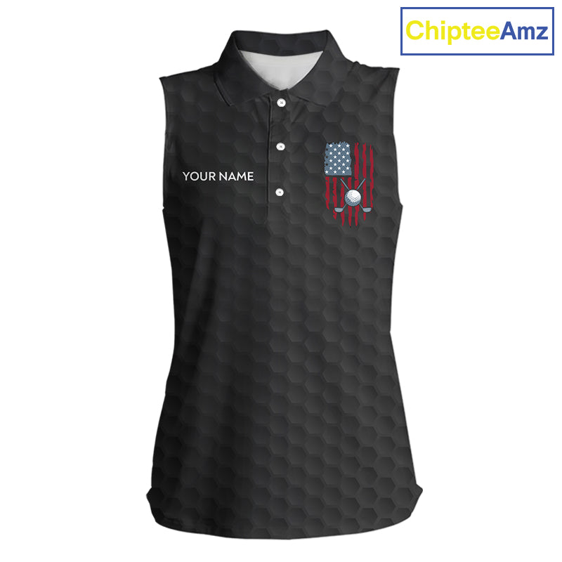 Womens American Flag Golf Shirts Patriotic Golf Jersey Custom Black Ball Golf Sleeveless Polo Jerseys NYN3053
