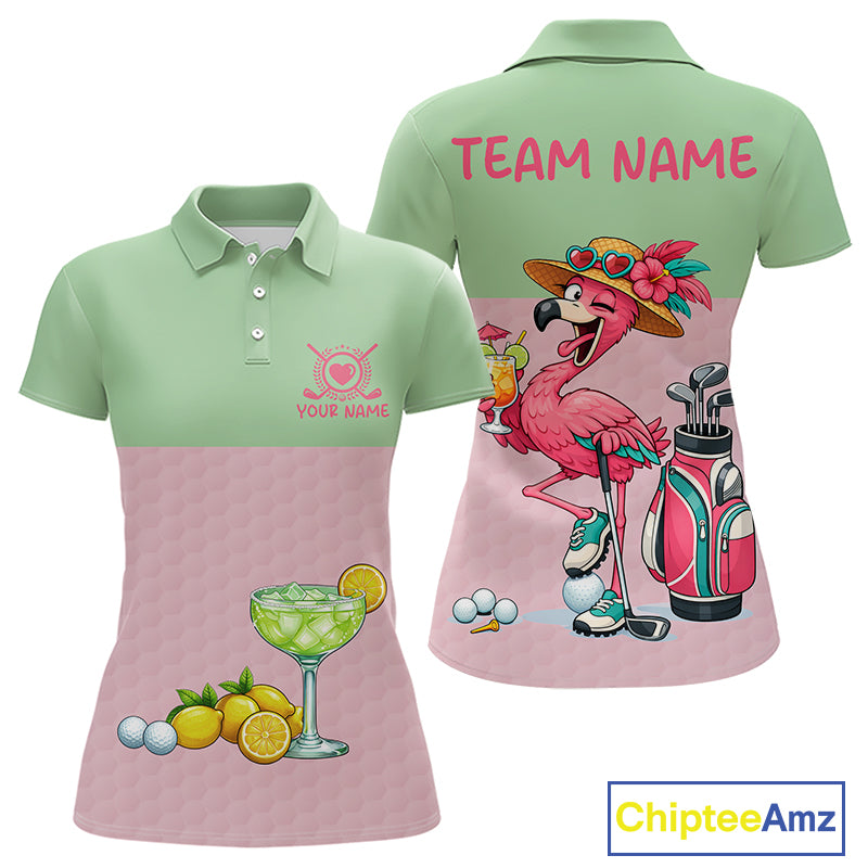 Tropical Funny Flamingo Polo Golf Shirts For Women Custom Pink & Green Golf Team Attire For Golfers NYN3062