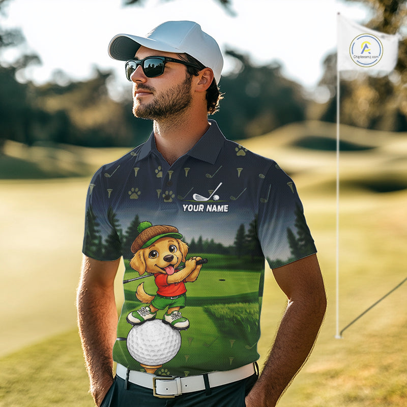 Man wearing patriotic Golden Retriever golf polo shirt with American flag design