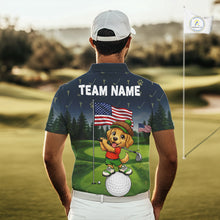 Load image into Gallery viewer, Man wearing patriotic Golden Retriever golf polo shirt with American flag design