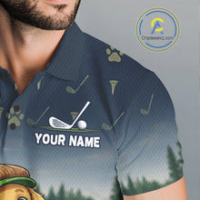 Load image into Gallery viewer, Man wearing patriotic Golden Retriever golf polo shirt with American flag design