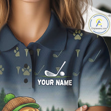 Load image into Gallery viewer, Woman wearing patriotic Golden Retriever golf polo shirt with American flag design